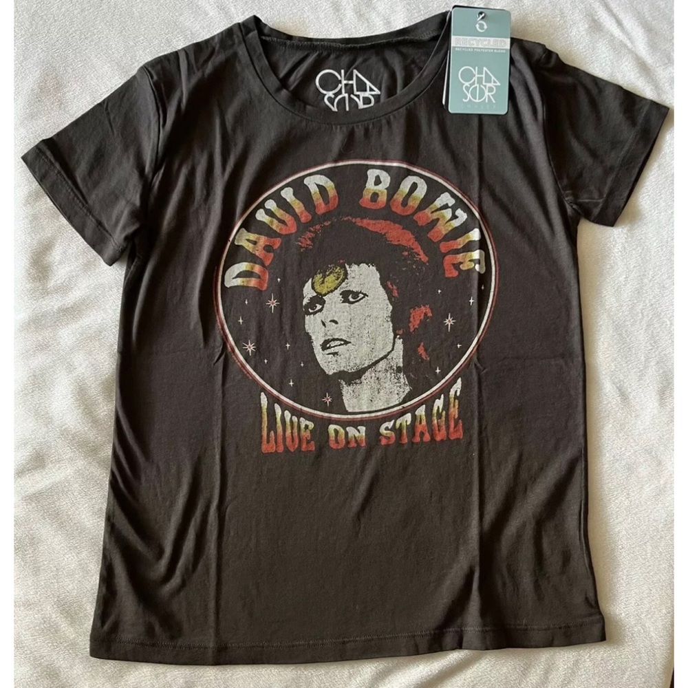CHASER Brand DAVID BOWIE Live on Stage Concert Gauzy Tee Shirt, Union Black - XS